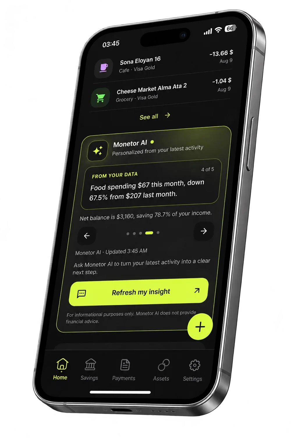 Monetor’s mobile interface showing recent transactions and personalized Monetor AI insights.